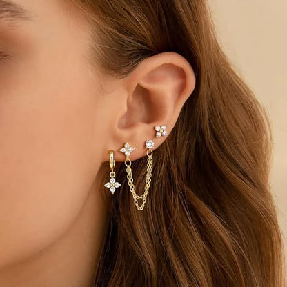 Small Earrings Stack for Women, 3 Pairs Gold Plated Hypoallergenic Dainty Cute Stud Huggie Jacket Set, Fashion Accessories Holiday Birthstone Western Jewelry Gifts - color: 02