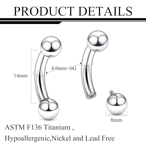 Ruifan 20g 18g 16g 14g 12g 8g 6g 4g 2g Rook Piercing Jewelry Titanium Internally Threaded Curved Barbell Eyebrow PA Tragus Helix Conch Lobe Earrings Lip Rings Body Piercing Jewelry For Women Men - size: 6G - 14mm Ball