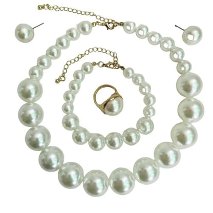 Chunky Beaded Jewelry Set, Necklace Earrings Bracelet Ring for Women Party | Simulated pearl jewelry set, necklace earrings bracelet & ring. Elegant chunky beaded, ideal gift for wedding and daily wear. - color: White