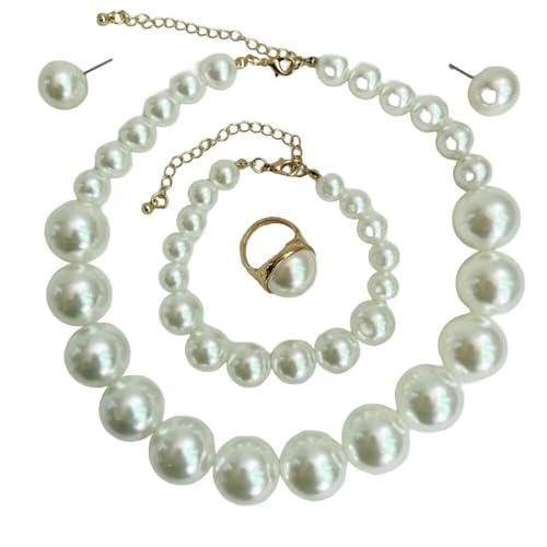 Chunky Beaded Jewelry Set, Necklace Earrings Bracelet Ring for Women Party | Simulated pearl jewelry set, necklace earrings bracelet & ring. Elegant chunky beaded, ideal gift for wedding and daily wear. - color: White