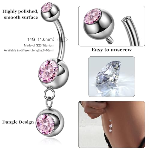 REVOLIA 14G G23 Pure Titanium Dangle Belly Button Rings for Women Hypoallergenic Dangling Navel Rings Internally Threaded Belly Rings for Sensitive Skin CZ Barbell Belly Button Piercing Jewelry 6-16mm - color: Pink