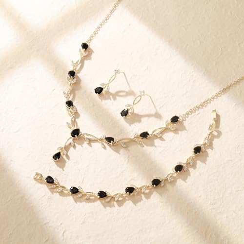 Crysdue Wedding Jewelry Set for Brides Bridesmaid, Cubic Zirconia Teardrop Marquise Leaf Cluster Pendant Necklace Bridal Tennis Bracelet Drop Earrings for Women Party Prom - style: A- CZ set-black, gold