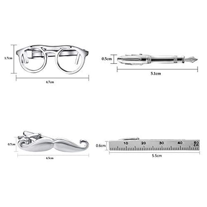 Yoursfs 4 Pcs Funny Tie Clips Set For Men Unique Stainless Steel Eye Glasses/Ruler/Pen/Mustache Tie Clips Personalized Jewelry - style: 4 Pcs Tie Clips Set
