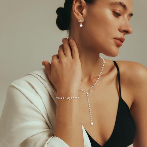 Raicegs Pearl Jewelry Set for Women Wedding Pearl Necklace Bracelet Earrings Set Bride Bridesmaid Dainty Jewelry Gift for Women - color: Bow Jewelry