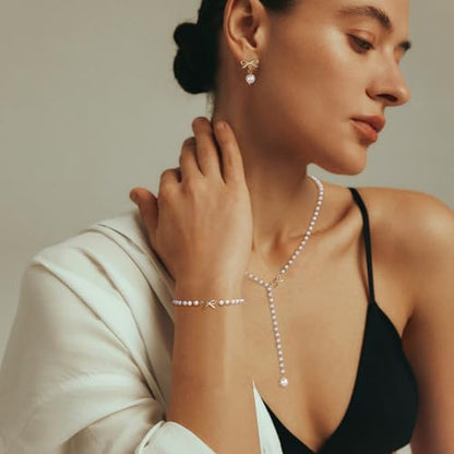 Raicegs Pearl Jewelry Set for Women Wedding Pearl Necklace Bracelet Earrings Set Bride Bridesmaid Dainty Jewelry Gift for Women - color: Bow Jewelry
