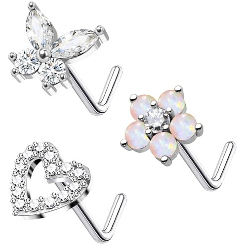 20G 3PCS Nose Ring Studs 316L Heart Nose Rings Nose Studs Butterfly and Flower Nose Stud Surgical Steel CZ L-Shaped Piercing Jewelry - color: Silver