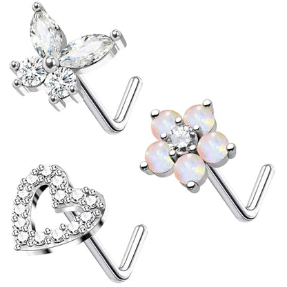 20G 3PCS Nose Ring Studs 316L Heart Nose Rings Nose Studs Butterfly and Flower Nose Stud Surgical Steel CZ L-Shaped Piercing Jewelry - color: Silver