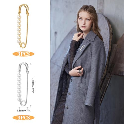 6 PCS Pearl Brooch Pin for Women Decorative Safety Pins, Faux Pearl Safety Pins for Clothes Pants Clips to Tighten Waist, Large Extender Decorative Pin for Shawl Sweater Dress Hat Pants Wedding
