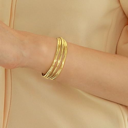 Chunky 14k Gold Cuff Bracelets for Women - Non Tarnish Teardrop Bangle Multi-layer Cross Wire Open Bracelets - color: 01 Gold-Wire Cuff Bracelets