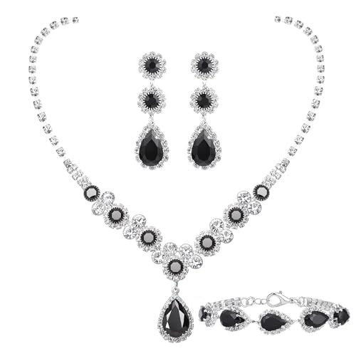 Paxuan Silver/Gold Rhinestone Crystal Wedding Bridal Bridesmaids Earrings Bracelet Set for Women Brides Bridesmaids Crystal Rhinestone Bracelet Earrings Set for Wedding Bridal Prom Pageant - color: Black