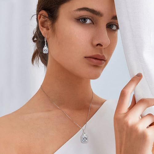 Created Gemstone Necklace 925 Sterling Silver Halo Rectangular Pendant Birthstone Necklaces Jewelry Gifts for Women - color: 04 April - Cubic Zirconia