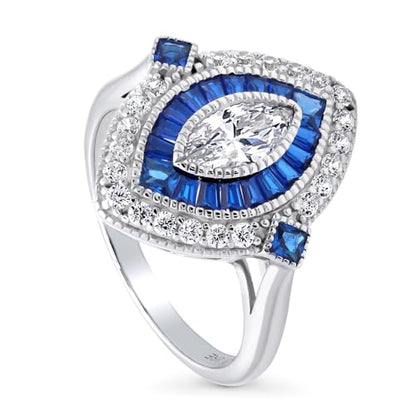 BERRICLE Sterling Silver CZ Art Deco Statement Cocktail Ring for Women, Sapphire-Blue Cubic Zirconia - Navette, Octagon, Oval Designs - style: Navette