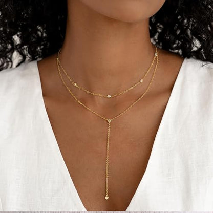 Layered Necklaces for Women,Dainty 14K Gold Plated Long Lariat Necklace Stack Simple Chain Pendant Necklace Fashion Accessories Long Necklaces for Women Trendy Gold Jewelry - color: Double CZ