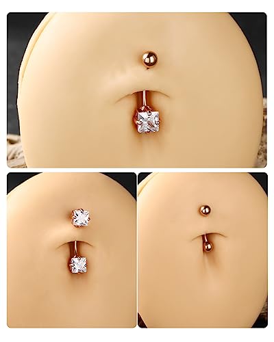 2pcs 16g Small Size Belly Button Rings Pack Surgical Steel Square AAA CZ Curved Barbell Navel Rings New - color: rosegold