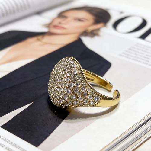 Luxury Dome Cubic Zirconia Adjustable Open Statement Ring for Women Men Gold-Tone Dainty Sparkly Crystal Colorful Rhinestone Geometry Statement Stacking Finger Band Wedding Party Fashion Jewelry - color: Golden