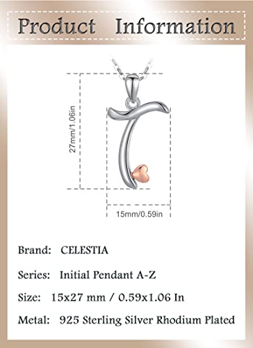CELESTIA 925 Sterling Silver Initial Necklaces 26 Letter with Rose Gold Heart - 18 Inch Chain - color: T-Initial