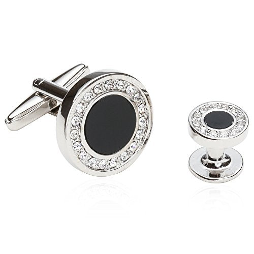 Black Onyx and Crystal Silver Cufflinks and Studs Formal Set with Box | 5/8" Cufflinks, 3/8" Studs, Travel Presentation Gift Box, Men's Wedding Party, Tuxedo Shirts Accessories