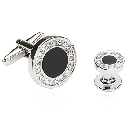Black Onyx and Crystal Silver Cufflinks and Studs Formal Set with Box | 5/8" Cufflinks, 3/8" Studs, Travel Presentation Gift Box, Men's Wedding Party, Tuxedo Shirts Accessories