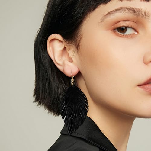 Handmade Bohemian Large Soft Genuine Leather Fringe Double Feather Dangle Drop Earrings Lightweight Simple Color PU Leaf Hook Earrings for Women - color: Black