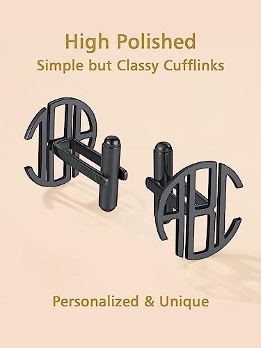 FindChic Stainless Steel Round Cufflinks with Custom Text/Picture/Monogram Letters 18K Gold Plated/Black Color for Men Groom Suits Shirts, with Gift Box - style: 03. custom 3 letters (black)