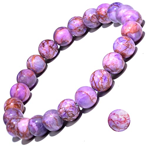 8mm Natural Crystal Stretch Bracelet | Handmade Round Stone Bead Bracelet, Runs Large, Meditation Yoga Gift for Women & Men - color: Purple Turquoise Magnesite