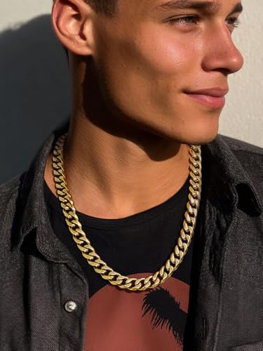 Stainless Steel Mens Cuban Link Chains, Daily Wear Hip Hop Miami Necklace | 3/6/9/12mm Silver/Gold Plated/Black necklace with Gift Box, No Tarnish, Sweatproof & Waterproof, Hypoallergenic Men Chains - color: C-12mm-gold plated, size: 18 inch