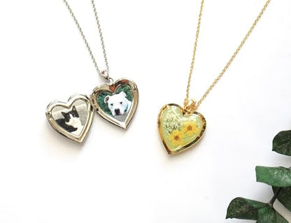 Handmade Heart Shaped Dried Pressed Forget Me Not Flower Photo Locket Pendant Necklace - color: Gold, style: Yellow+LightGreen