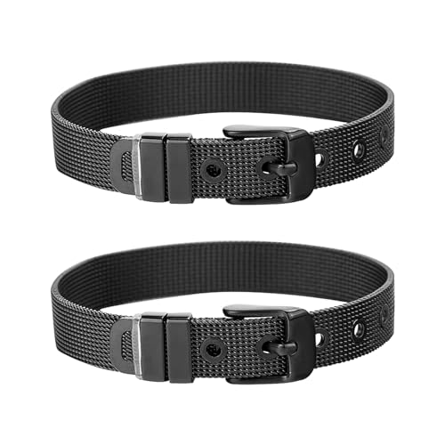 Stainless Steel Mesh Bracelet Wristband 8mm Wide Cuff Bangle Watch Band Style with Adjustable Buckle Mesh Link Chain for Slide Charms Jewelry Making 2 PCS - color: Black