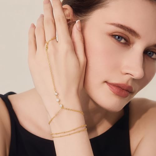 Cicy Bell Hand Chain Bracelets for Women 18K Gold Plated | Layered Stackable Dainty Ring Bracelets, Adjustable Satellite Bead Dot Link Finger Bracelets - color: Style D-Gold