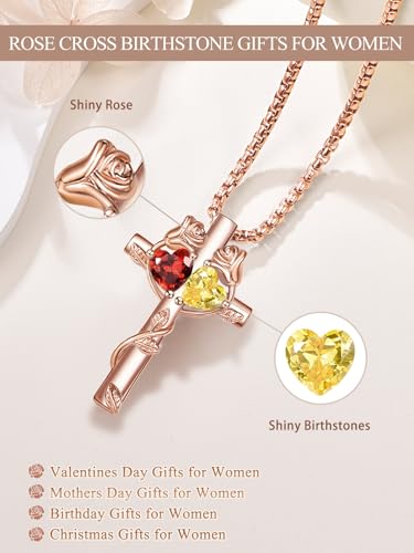 Rose Gold Cross Necklace with 2 Birthstones and Rose | Cross with Birthstone Necklace, Hypoallergenic, Adjustable Rolo Chain, Birthday Gifts, Catholic Christian Religious Jewelry - color: 01-11-Jan-Nov Birthstone