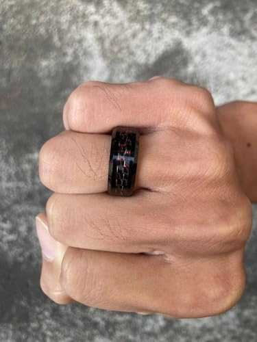 AZYOUNG Black Red Carbon Fiber Tungsten Carbide Ring Men Women Wedding Engagement Band - 8MM