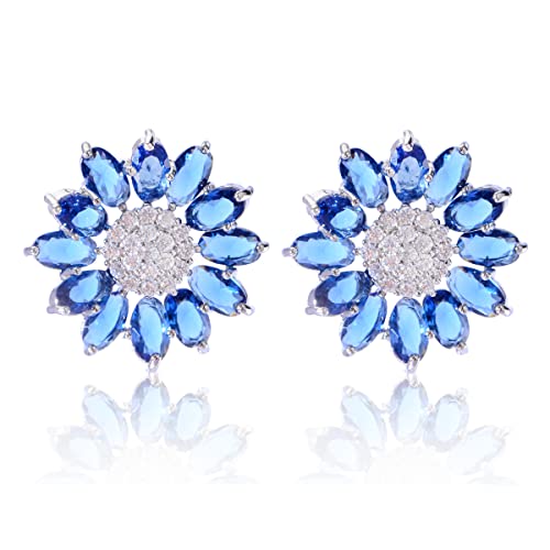 Crystal Flower Burst Stud Earirings - Big Sterling Silver CZ Cubic Zirconia Rhinestone Daisy Sunflower Floral Cluster Studs Bridal Wedding Party Prom Costume Jewelry for Bride Bridesmaids Women Birthstone Birthday Gift - color: Blue