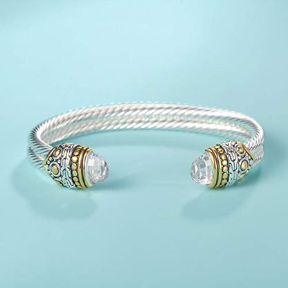Designer Inspired Jewelry Double Cable Wire Facet CZ Antique Bangle Elegant Beautiful - color: White