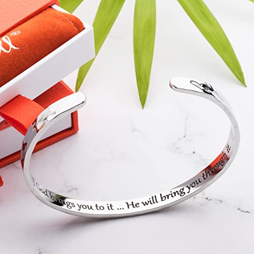 Bracelet - Gifts for Women – Inspirational, Friendships, Love, Mom, Daughters, Sisters, Christian, Graduations, Memorials & Wedding Gifts – 100+ Phrases – Stainless Steel, Gift Ready - color: CHRISTIAN GIFT - If God brings you to it.. He will bring you th