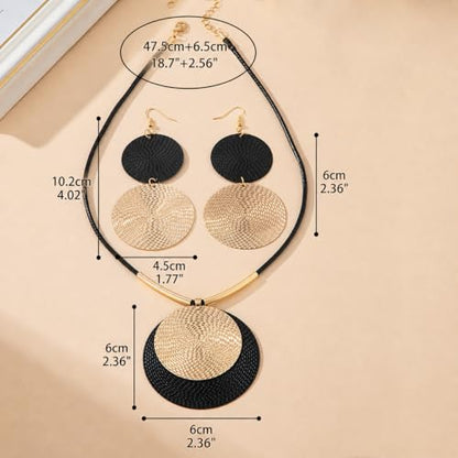 Statement Necklace and Earrings Set – 2PCS Gold Silver Chunky Geometric Pendant Jewelry with Snake Chain, Asymmetrical Ellipse Y-Necklace Metallic Fashion Jewelry for Women - color: D:Geometric Black Gold Set