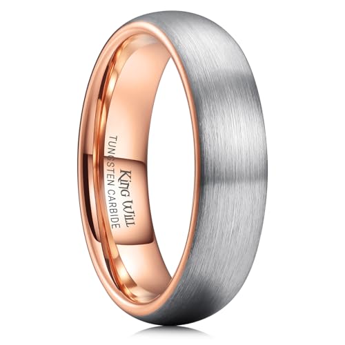 King Will Wedding Band for Men Women, 2/4/6/7/8mm Domed Matte Brushed Tungsten Carbide Rings, Solid/Dual Color Engagement Rings, Comfort Fit - color: Silver&Rose Gold-6mm