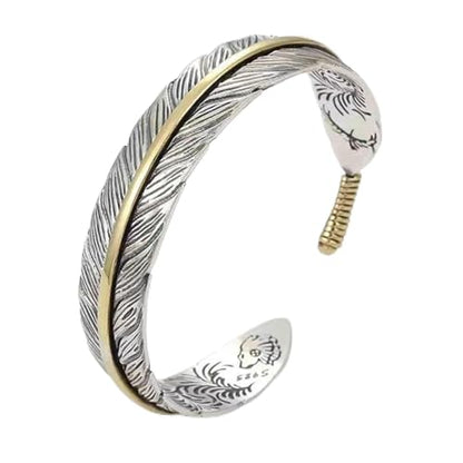 Innocence S925 Silver-Plated Antique Wide Feather Cuff Bracelet For Men Women Adjustable Retro Twisted Feathers Bracelets Gift Jewelry - color: Feather