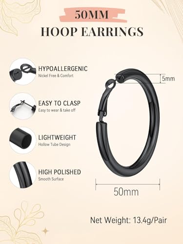 FaithHeart Silver/Black/Gold Stainless Steel Chunky Hoop Earrings for Women | Hypoallergenic Lightweight Hoop Earrings, Trendy Statement Thick Hoop, 20/30/40/50/60/70/80mm - color: Black, size: 50mm