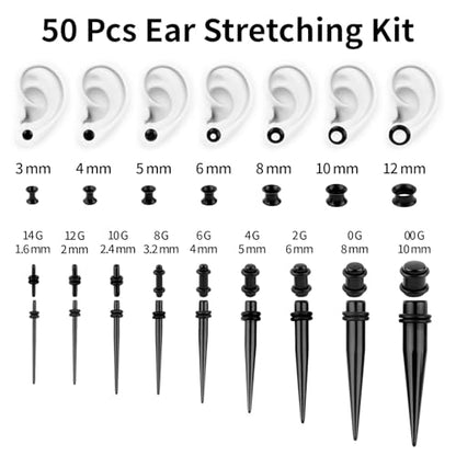50Pcs Ear Stretching Kit 14G-00G: Acrylic Tapers Plugs Silicone Tunnels Hypoallergenic Gauges Expander Set Body Piercing Jewelry for Men Women - color: Purple