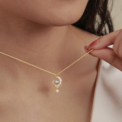 925 Sterling Silver Crescent Necklace Moon Star Pendant for Women | 14K Gold Plated Crystal Moon Necklace Dainty CZ Birthstone Ramadan Moonstone Necklace Birthday Jewelry for Mom Wife Daughter - color: Gold