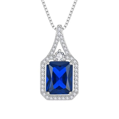 Created Gemstone Necklace 925 Sterling Silver Halo Rectangular Pendant Birthstone Necklaces Jewelry Gifts for Women - color: 09 September - Sapphire