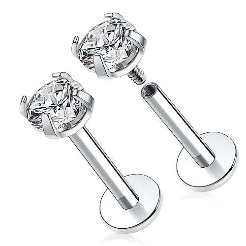 GAGABODY G23 Titanium 16G 6/8/10mm Clear CZ/Opal Internally Threaded Labret Monroe Lip Studs 6mm Helix Cartilage Tragus Earring Piercing - color: 16G-2Pcs - Length:8mm CZ:4mm