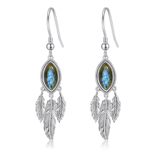 AVECON Turquoise Dangle Earrings for Women, Sterling Silver Feather Jewelry | Genuine Western Marquise Boho Pierced, Native American Jewelry with Hook and Leaf, for Cowgirl & Cowboy - color: Labradorite