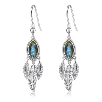 AVECON Turquoise Dangle Earrings for Women, Sterling Silver Feather Jewelry | Genuine Western Marquise Boho Pierced, Native American Jewelry with Hook and Leaf, for Cowgirl & Cowboy - color: Labradorite