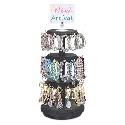 MOOCA 3-Tier Rotating Bracelet Display Stand with 42 Hooks, Jewelry Holder | 3-tier rotating wooden display with 42 hooks keeps bracelets, bangles, watches, and accessories organized and visible. - color: Black, Round Shape