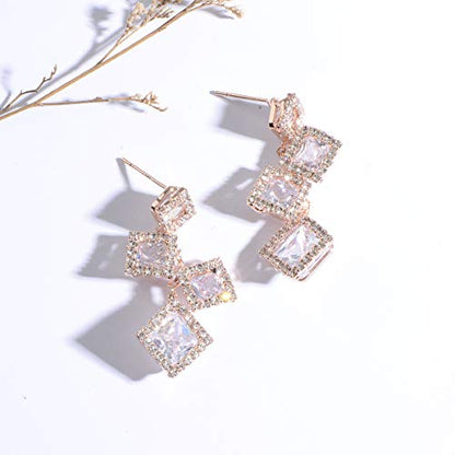 CZ Bridal Earrings for Wedding - 14k Plated Sterling Silver Elegant Teardrop Cubic Zirconia Crystal Rhinestone Floarl Leaf Cluster Chandelier Statement Dangle Drop Earrings for Bride Bridesmaids Party - color: 4 Square - Rose Gold