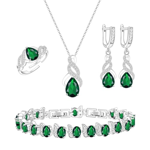 LMXXVJ Jewelry Set for Women,Teardrop Cubic Zirconia Necklace Earrings Adjustable Ring Bracelet Jewelry Set Formal Jewelry Gift - color: MHSD-White Gold-Green