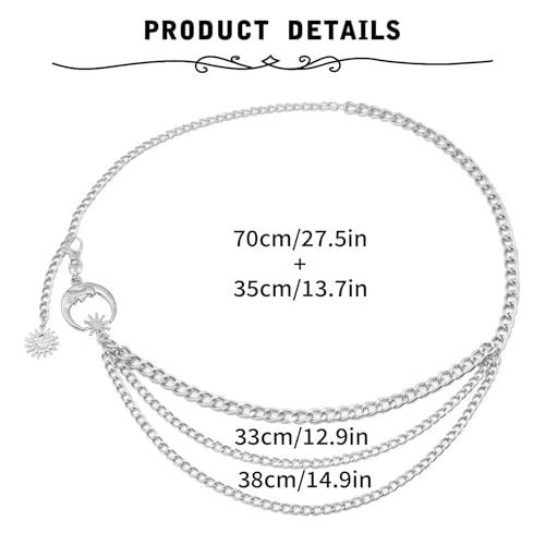 Gold Chain Belt - Fashion Waist Chain Belt with Moon, Butterfly Rhinestone & Layered Design - color: A2-Moon layered-silver
