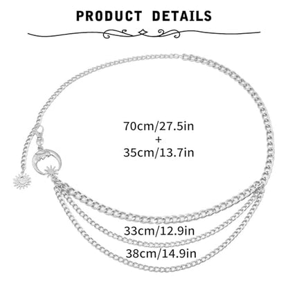 Gold Chain Belt - Fashion Waist Chain Belt with Moon, Butterfly Rhinestone & Layered Design - color: A2-Moon layered-silver