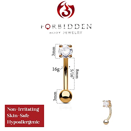 Forbidden Body Jewelry 16g 8mm Surgical Steel Curved Barbell w/Solitaire CZ for Daith, Eyebrow & Rook Piercings - color: Rose Gold/Clear